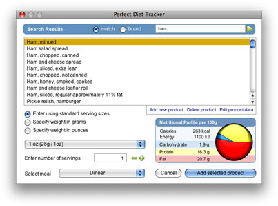 Search for food to add from the extensive food database