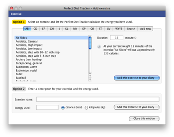 Easily add exercise to the diary from the extensive database.