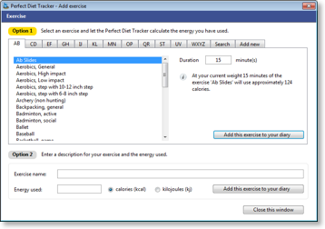 Add exercise to your diary using the inbuilt tools.